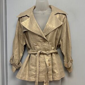 STAPLES | Vintage 100% Linen Belted Trench-Style Jacket – Metallic Gold Sheen